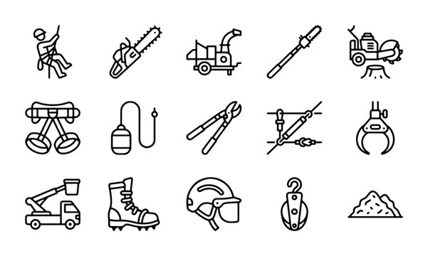 Arborist Tools and Equipment Icons, Tree Care Gear, Safety Harness, Chainsaw, Wood Chipper, Climbing