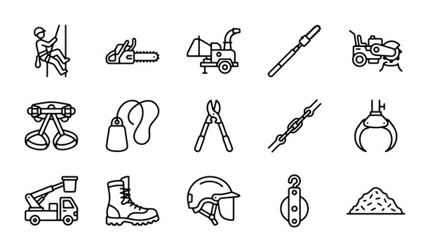 Arborist Equipment Icons: Tree Care Tools, Safety Gear, and Machinery Vector Set