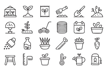 Fototapeta premium Garden Tools Line Icons With Seeds Greenhouse And Watering Symbols