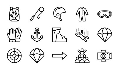 Extreme Sports Icons Set: Skydiving, Climbing, Adventure Gear Vector Graphics © ShahinAl