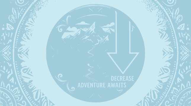 Mountain Landscape with Downward Arrow and Text "Adventure Awaits"