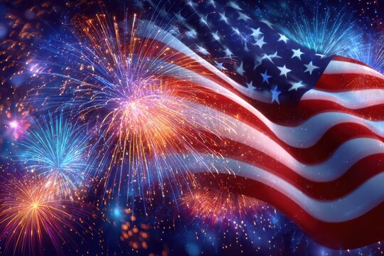 American flag waving, colorful fireworks display, celebration of freedom and independence.