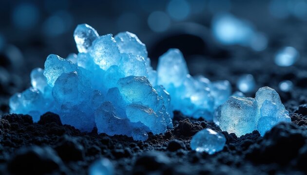 Blue ice like crystals grow from dark soil. These geological formations look like natural energy source. Clear ice structures shine with blue light. A mineral sample is visible.