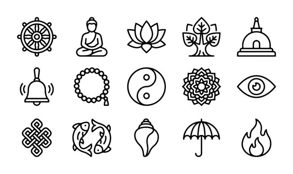 Buddhist Symbols Vector Icons Set, Dharma Wheel, Lotus Flower, Yin Yang, Sacred Geometry, Meditation
