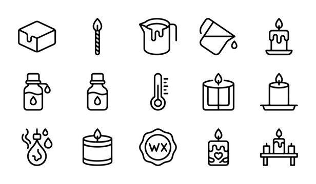 Candle Making Icons Set, Wax Pouring, Wick Lighting, Aromatherapy Supplies, Crafting Tools Vector