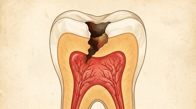 Cross section of a human tooth showing decay and damaged pulp with nerves and blood vessels