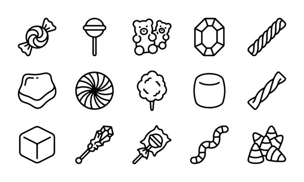 Sweet Candy Icons, Confectionery Vector Set, Gummy Bears, Lollipops, Marshmallows, Treats