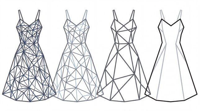Four stylized dresses created with geometric lines and triangular patterns presented on white background