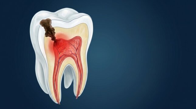 Detailed cross section illustration of a human tooth showing decay and internal nerve structure