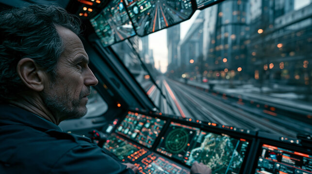 A cinematic POV of a train operator inside a high-tech cabin, overlooking a vast, futuristic neon city. Intense, atmospheric science fiction transport concept.
