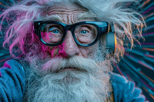 A striking, front-facing cyberpunk-style portrait of an elderly man with wild white hair, wearing modern headphones and dark glasses, lit with vibrant neon pink and blue lighting.