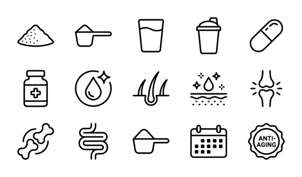 Supplement Icons: Powder, Pills, Hair, Skin, Bones, Gut Health, Anti-Aging, Calendar, Vector Set