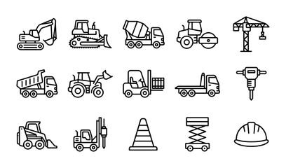 Construction Equipment Icons Set, Heavy Machinery Vector Graphics, Industrial Vehicles Line Art Collection © Mamun