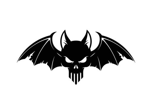 A black silhouette of a bat with a skull-like face and pointed ears, wings spread wide
