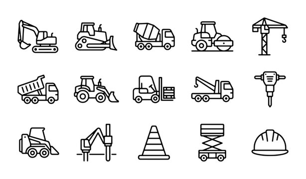 Construction Equipment Icons Set, Heavy Machinery Vector Graphics, Industrial Vehicles Collection