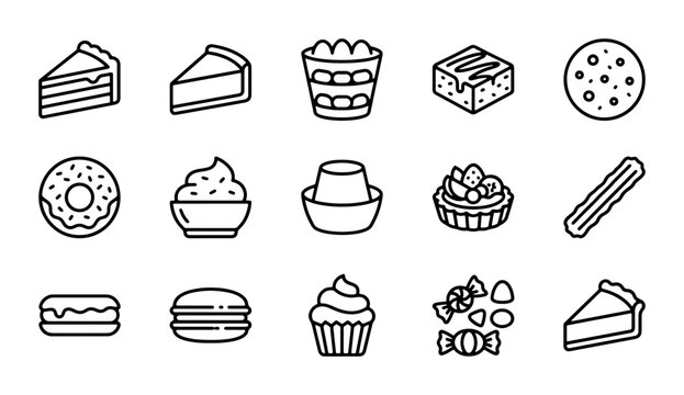 Dessert Icons Vector Set: Sweet Treats, Pastries, Cakes, Cookies, Candies, Vector Graphics
