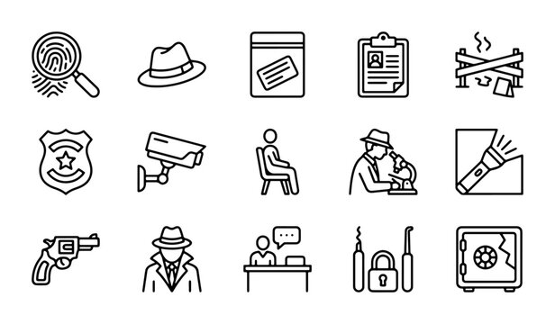 Detective Icons, Crime Investigation Symbols, Forensic Evidence & Security Vector Set