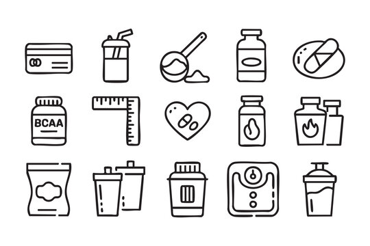 Protein Supplement Line Icons With Shaker Vitamins And Capsules Symbols