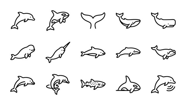 Whale and Dolphin Icons, Marine Mammal Vector Set, Ocean Wildlife Line Art Collection