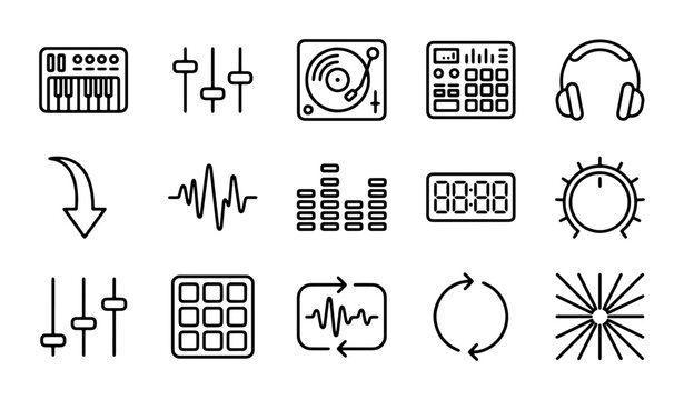 Music Production Icons Set: DJ Gear, Synthesizer, Equalizer, Headphones, Turntable, Sound Wave