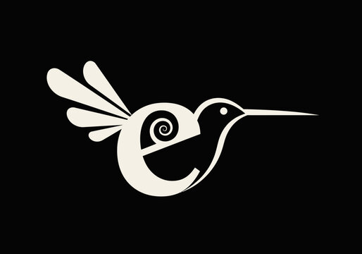 Artistic black and white minimalist depiction of a hummingbird with stylized, geometric shapes