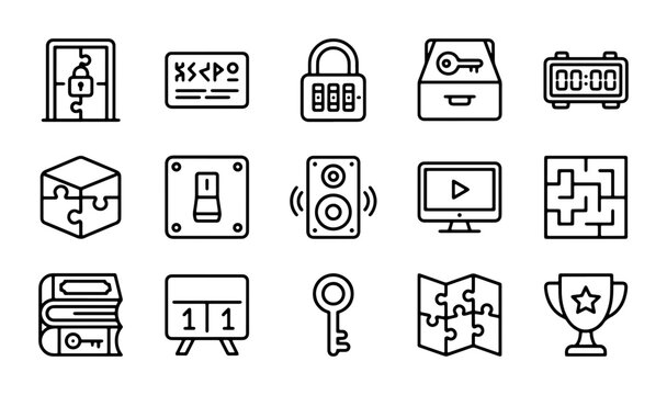Escape Room Icons: Puzzle, Lock, Key, Map, Trophy Vector Set for Game Design