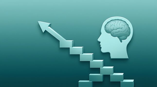 Teal head silhouette with ascending staircase and arrow brain mind image