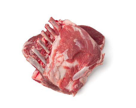 Raw lamb rack isolated, fresh mutton fillet with ribs, tenderloin pieces, mutton rump sirloin meat