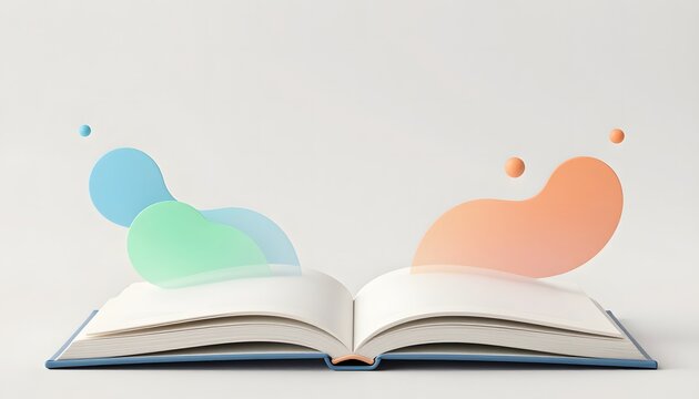 Futuristic dark mode UI hero header featuring a glowing 3D open book with abstract neon shapes.