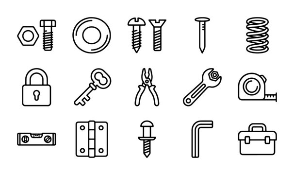 Hardware Icons Set: Tools, Fasteners, and Building Elements Vector Graphics