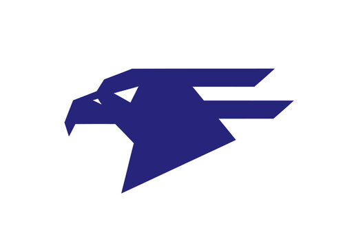 Blue stylized eagle head logo with sleek, geometric design and sharp angles