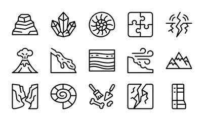 Geology Icons Set: Earth Science, Fossils, Volcanoes, Crystals, Rocks, Layers, Erosion © Mushfiq
