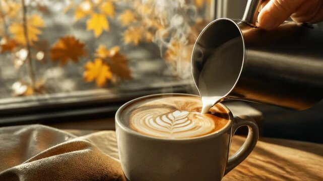 A metal pitcher pours silky steamed milk into a ceramic mug to complete a delicate coffee art design.