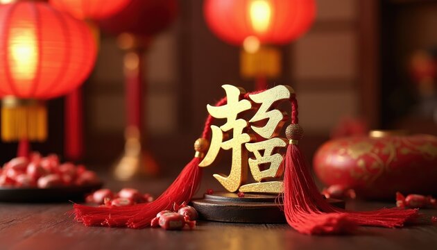 Golden chinese character fu with red tassels and lanterns. Traditional celebration decor with candies. Lunar new year good fortune symbol, warm festive mood.