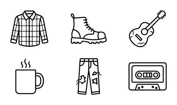 Grunge Style Icons: Flannel Shirt, Ripped Jeans, Combat Boots, Guitar, Cassette Tape, Coffee Mug