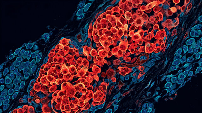 Microscopic view of cells, showing red blood cells and tissues, bodily fluid