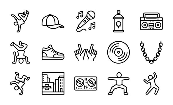 Hip Hop Icons Set: Breakdance, Graffiti, Music, Urban Style Vector Graphics