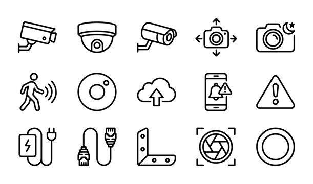 Security Camera Icons, Surveillance System Vector Set, CCTV Technology & Monitoring Elements