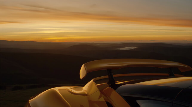 Modern sports car rear wing with beautiful mountain landscape at sunrise