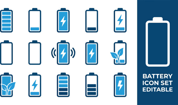 Battery Level and Charging Symbols with Eco Energy and Wireless Power Indicators