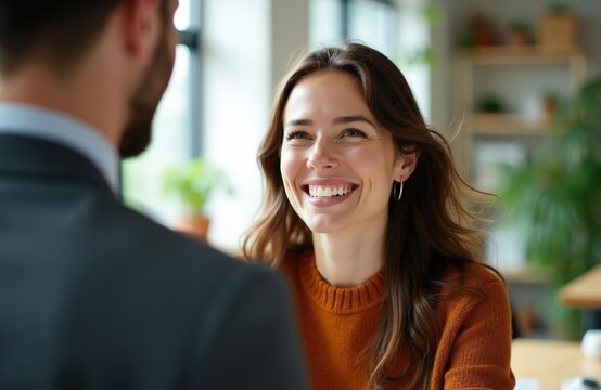 Woman with brown hair laughs during conversation with man in suit at modern office. Colleagues build connection and rapport. Positive business atmosphere shows good teamwork and human relationships.
