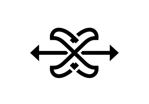 Black geometric symbol with intertwined loops and arrowheads pointing left and right