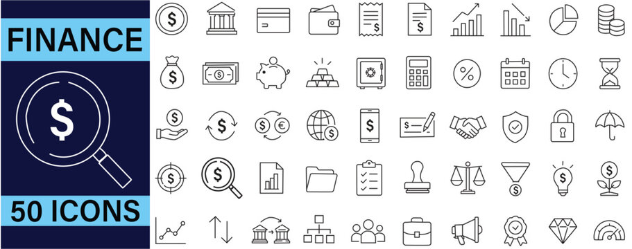Set of fifty finance and banking line art vector icons isolated on transparent background