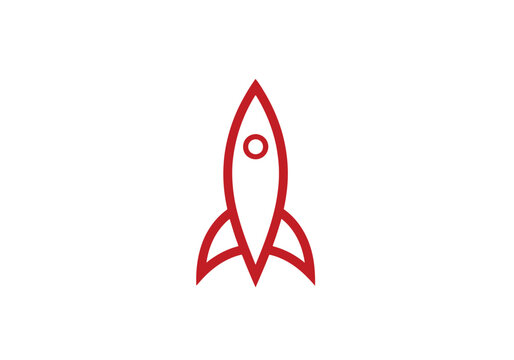 Simple red outline of a rocket with a circular window and fins on a white background