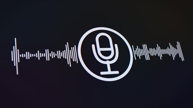 Video animation of a voice recording or broadcasting icon, microphone and sound waveform, voice message - close-up.