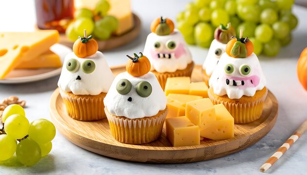 A plate of cupcakes decorated as ghosts with candy eyes and pumpkins on top