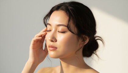 Fototapeta premium Radiant Asian woman with glowing skin in natural sunlight, beautiful female face with closed eyes for skincare concept, elegant beauty portrait