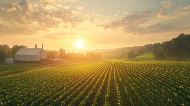 A peaceful sunrise over a sustainable farm, symbolizing a new day for zero waste and environmental preservation