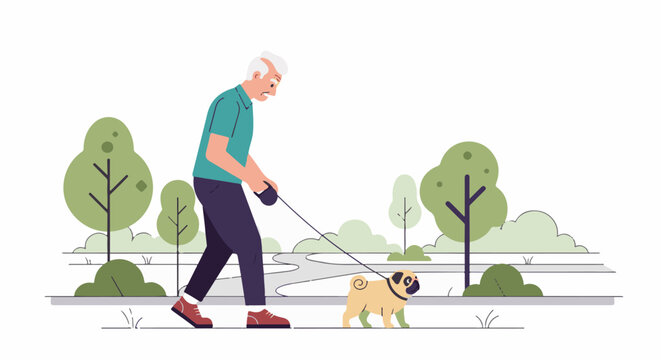 Elderly man walks his pug on a leash through a park with trees and bushes