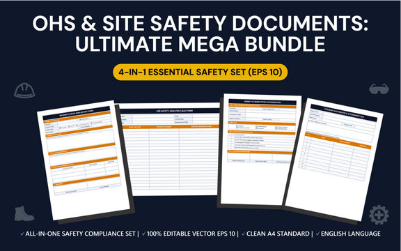 OHS Site Safety Documents Mega Bundle - JSA, PTW, Toolbox Talk, and Incident Report Vector Template